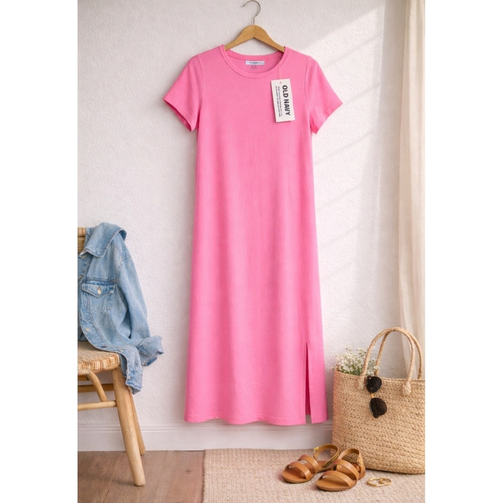 Old Navy Womens Linen Maxi Shirt Dress Sz Large Pink Short Sleeve Beachy Travel